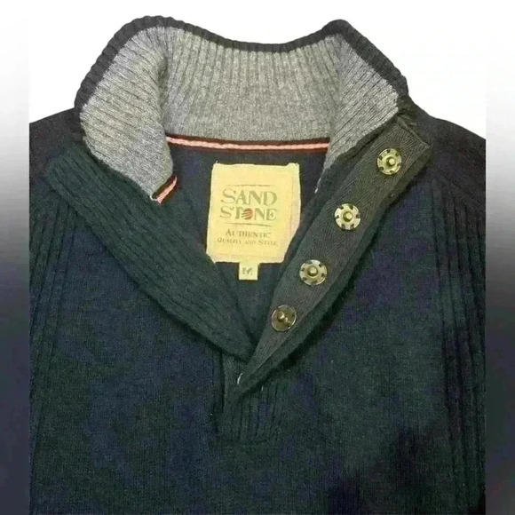 Men’s sandstone 100% Wool navy Blue Pullover Sweater Size m - Picture 3 of 5